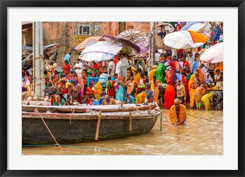 Framed Worshipping Pilgrims on Ganges River, Varanasi, India Print