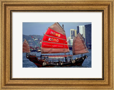 Framed Duk Ling Junk Boat Sails in Victoria Harbor, Hong Kong, China Print