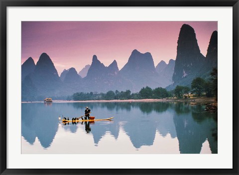 Framed Cormorant fishing at dusk, Li river, Guangxi, China Print