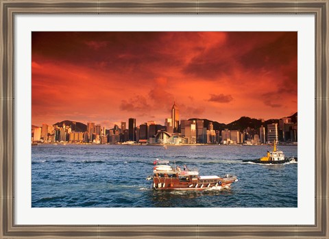 Framed Hong Kong Harbor at Sunset, Hong Kong, China Print