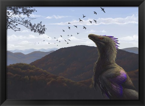 Framed Velociraptor in an autumn landscape Print