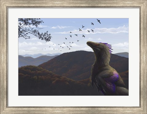 Framed Velociraptor in an autumn landscape Print