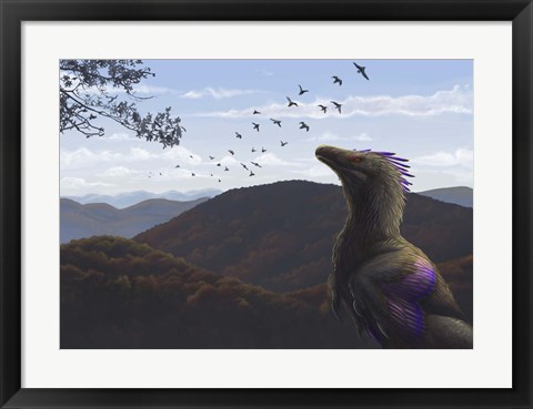 Framed Velociraptor in an autumn landscape Print