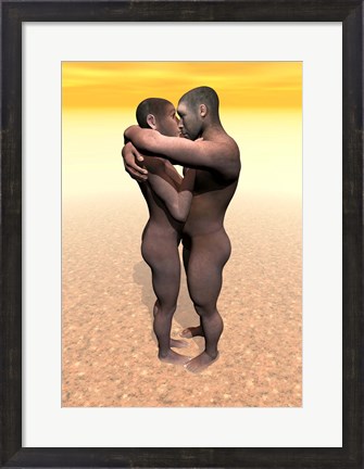 Framed Male and female Homo erectus hugging in the desert Print