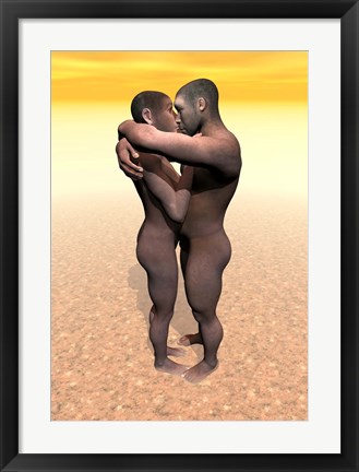 Framed Male and female Homo erectus hugging in the desert Print