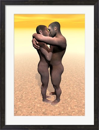 Framed Male and female Homo erectus hugging in the desert Print