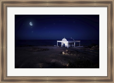 Framed small church at night with starry sky, Crete, Greece Print