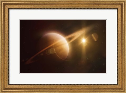 Framed Saturn in outer space against Sun and star field Print