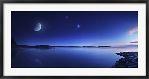 Framed Tranquil lake against starry sky, moon and falling meteorite, Finland Print