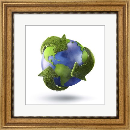 Framed 3D Rendering of planet Earth surrounded by grassy recycle symbol Print