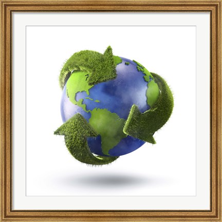 Framed 3D Rendering of planet Earth surrounded by grassy recycle symbol Print