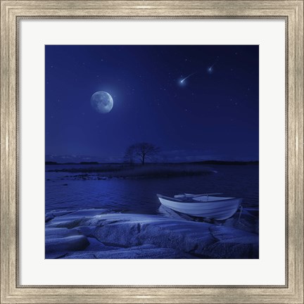 Framed boat moored near an icy stone in a lake against starry sky, Finland Print