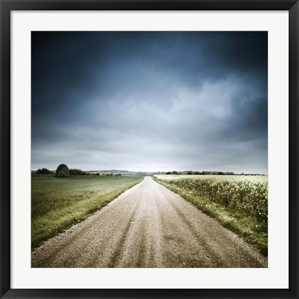 Framed Country road through fields, Denmark Print