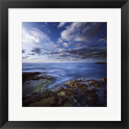 Framed Tranquil lake and rocky shore against cloudy sky, Crete, Greece Print