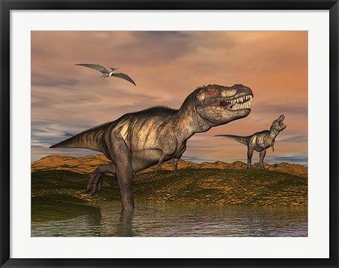 Framed Tyrannosaurus Rex dinosaurs with pteranodon bird flying above Print