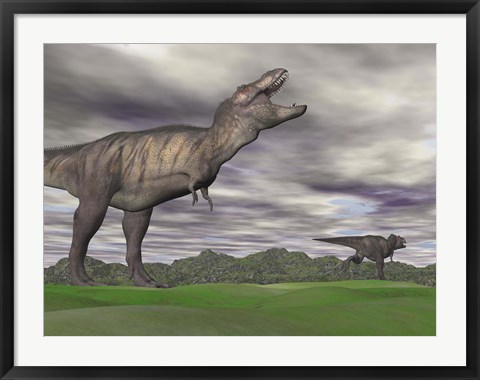 Framed Tyrannosaurus Rex growling as a fellow T-Rex runs away Print