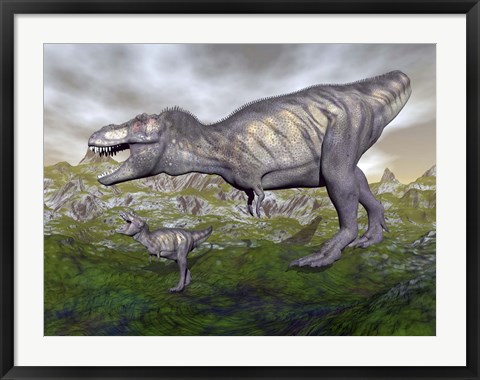 Framed Tyrannosaurus rex mother and offspring Print