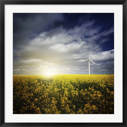 Framed Wind turbine in a canola field against cloudy sky at sunset, Denmark Print