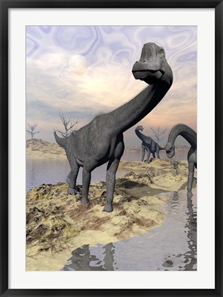 Framed Brachiosaurus dinosaurs near water with reflection by sunset and full moon Print