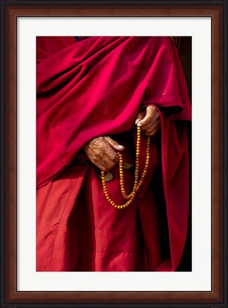 Framed Hands of a monk in red holding prayer beads, Leh, Ladakh, India Print