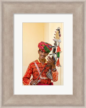 Framed Young Man in Playing Old Fashioned Instrument Called a Sarangi, Agra, India Print