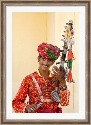 Framed Young Man in Playing Old Fashioned Instrument Called a Sarangi, Agra, India Print