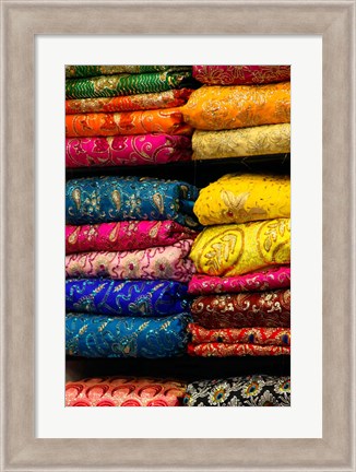 Framed Colorful Sari Shop in Old Delhi market, Delhi, India Print