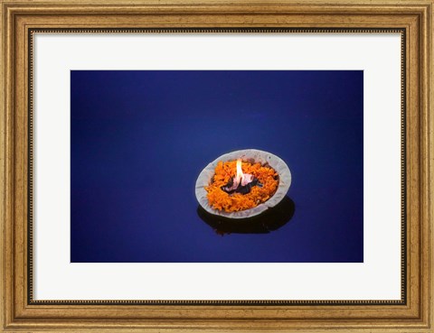 Framed Flower candle in the Ganges River, Varanasi, India Print