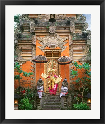 Framed Balinese Dancer Wearing Traditional Garb Near Palace Doors in Ubud, Bali, Indonesia Print