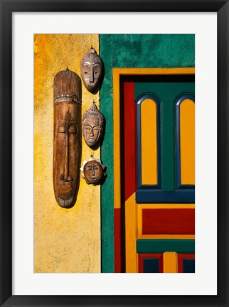 Framed Decorated Door with Handcrafted Masks in Ubud, Bali, Indonesia Print