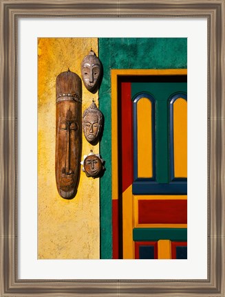 Framed Decorated Door with Handcrafted Masks in Ubud, Bali, Indonesia Print