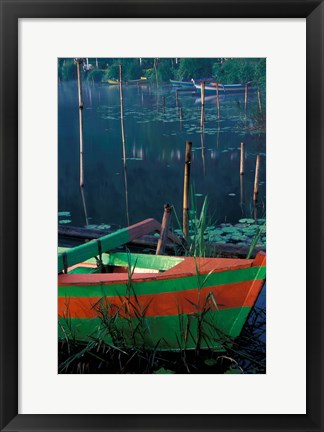 Framed Colorful Boat Moored at Lake Bratan, Bali, Indonesia Print