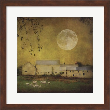 Framed Sheep Under a Harvest Moon Print