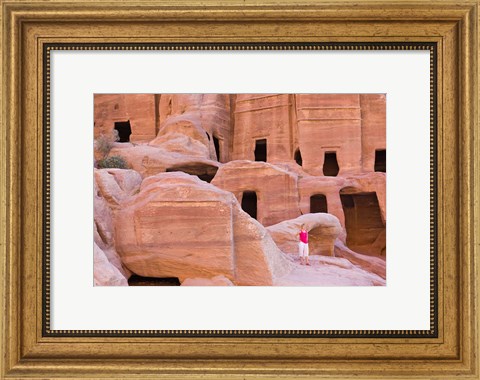 Framed Tourist with Uneishu Tomb, Petra, Jordan Print