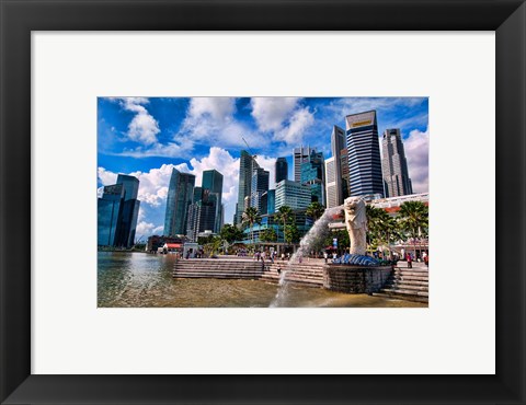 Framed Merlion, symbol of Singapore, and downtown skyline in Fullerton area of Clarke Quay. Print