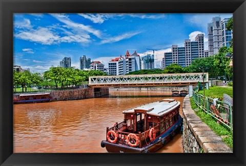 Framed Singapore skyline and tug boats on river. Print