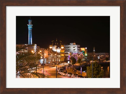 Framed Oman, Muscat, Mutrah. Mutrah Corniche Buildings / Evening Print