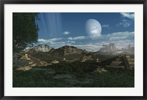 Framed Artist&#39;s concept of Mayan like ruins on a ringed planet Print