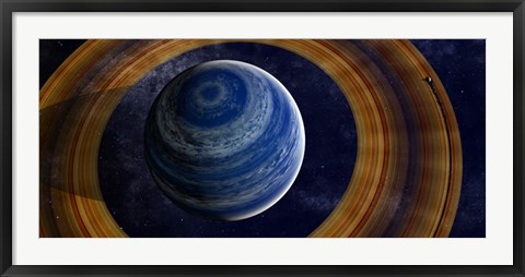 Framed ringed blue gas giant with shepherd moon in the rings Print