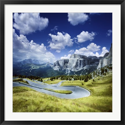 Framed Winding road in a forest of Dolomite Alps, Northern Italy Print