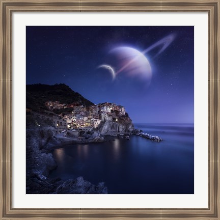 Framed View of Manarola on a starry night with planets, Northern Italy Print