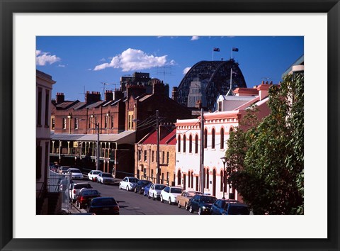 Framed Historic Buildings and Sydney Harbor Bridge, The Rocks, Sydney, Australia Print