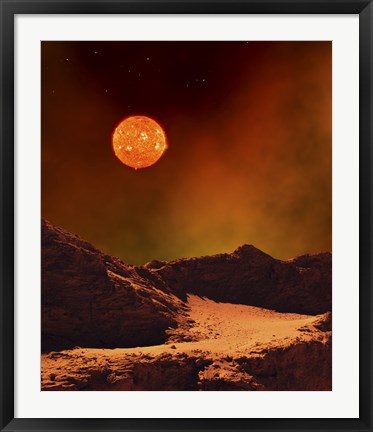 Framed Rugged Planet Landscape Dimly Lit by a Distant Red Star Print