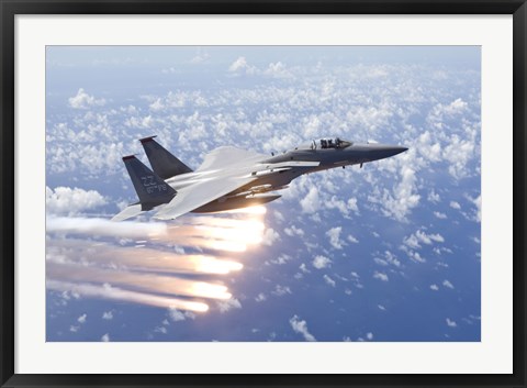 Framed F-15 Eagle Releases Flares over the Pacific Ocean Print