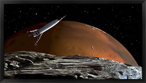 Framed Spaceship in Orbit over Mars Moon, Phobos Print