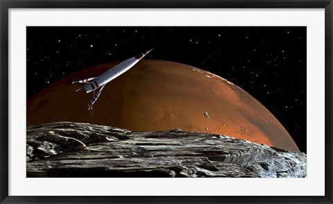 Framed Spaceship in Orbit over Mars Moon, Phobos Print