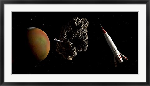 Framed Two 1950&#39;s Styled Spaceships Near Mars and its Moon Deimos Print