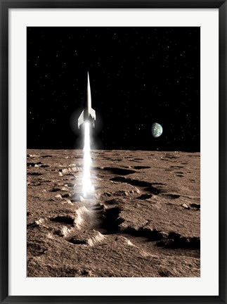 Framed 1950&#39;s view of a Stream-lined Finned Spaceship Beginning its Landing Phase Print