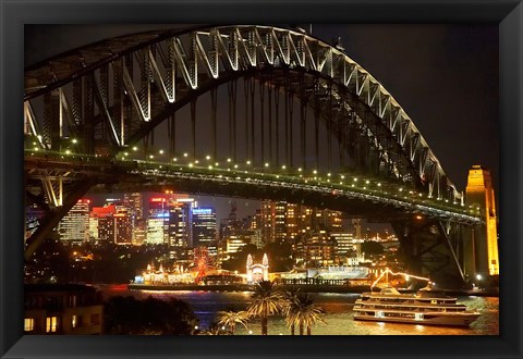 Framed Australia, NSW, Sydney Harbour Bridge, Tour Boat at Night Print