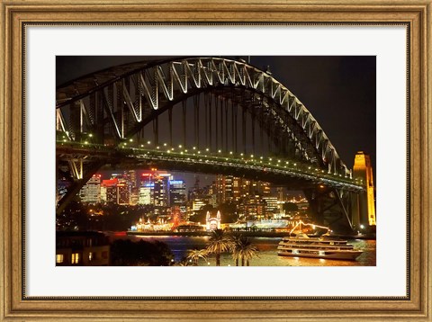 Framed Australia, NSW, Sydney Harbour Bridge, Tour Boat at Night Print